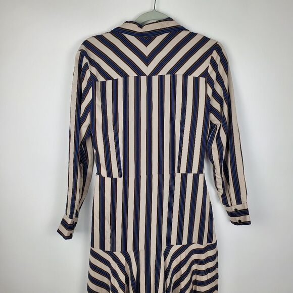 SANDRO Paris VILNA DRESS Striped Beige Collared Long Sleeve Midi Maxi Tie Knot - Picture 10 of 13